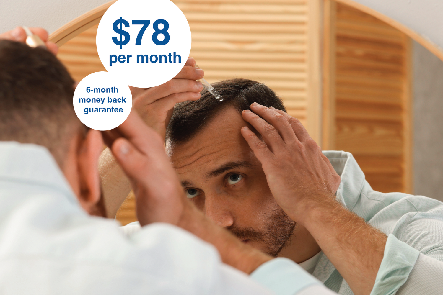 Man applying topical hair loss treatment with Men's Hair Clinic's pricing and guarantee for oral and topical prescription hair loss medication.