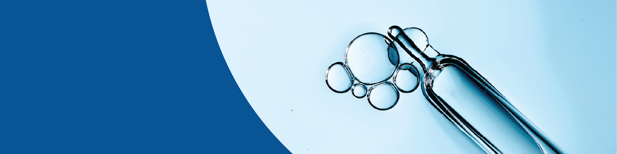 Our story, blue liquid solution indicative of hair treatment solution.