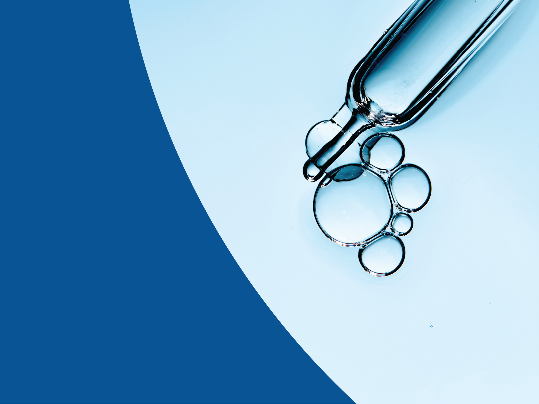 Our story, blue liquid solution indicative of hair treatment solution.