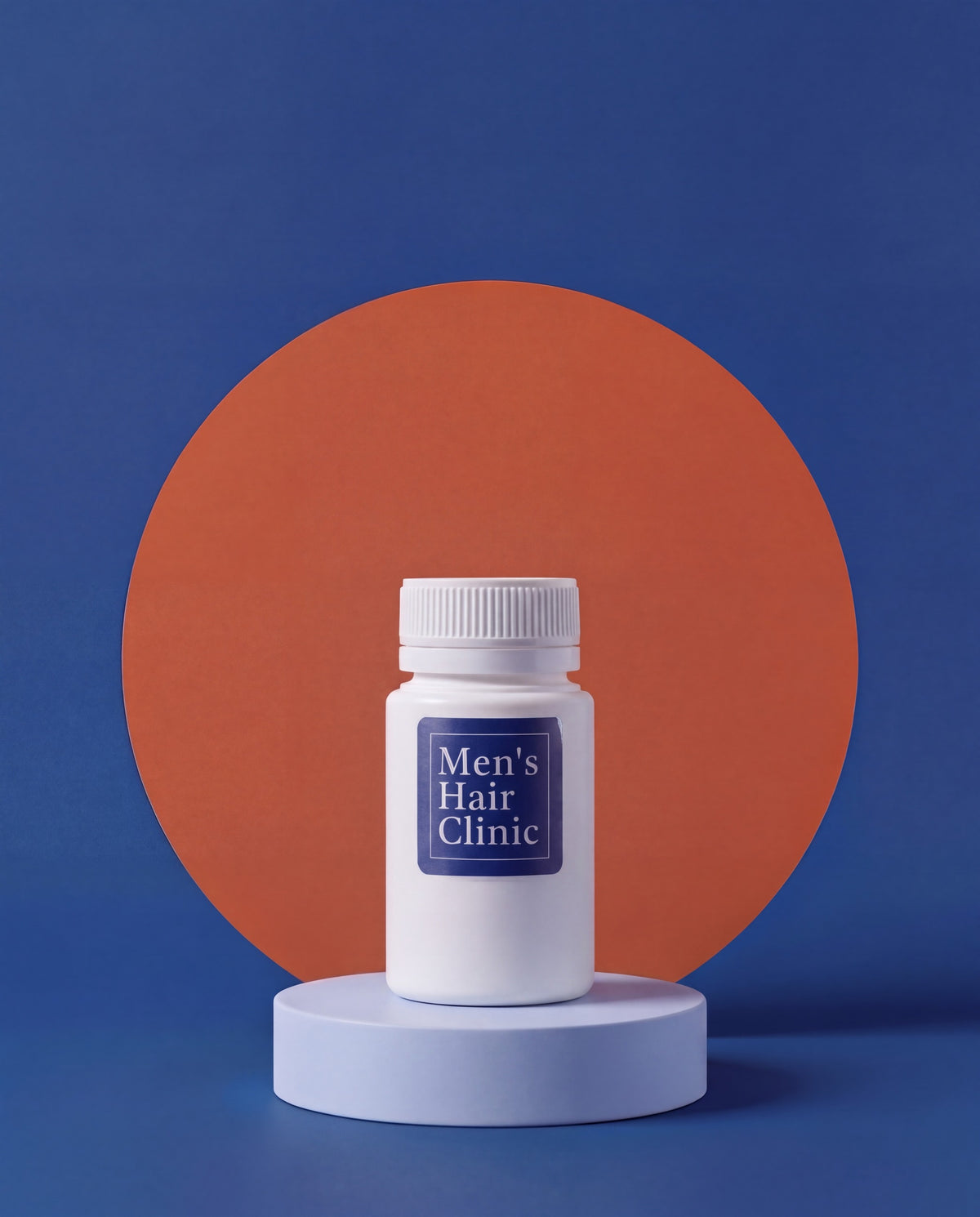 Men's Hair Clinic capsule jar on a stand, navy and rust background