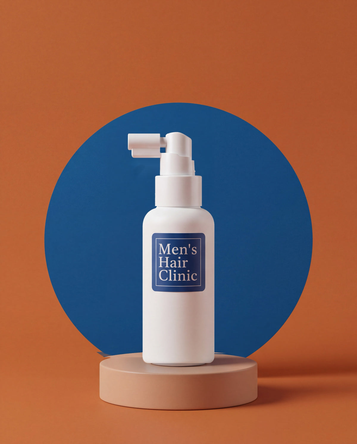 Men's Hair Clinic spray bottle on a stand, rust and navy background